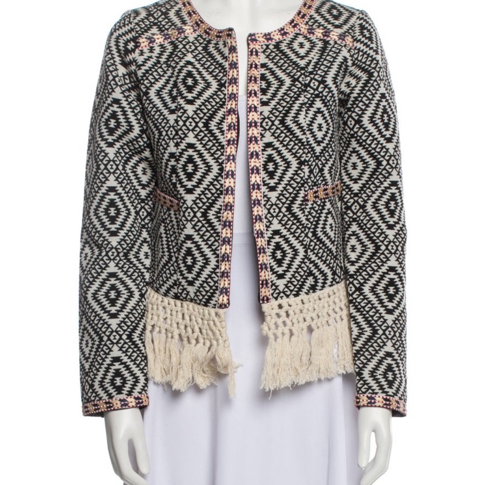 Tularosa Black and White Geometric Blazer with Fringe